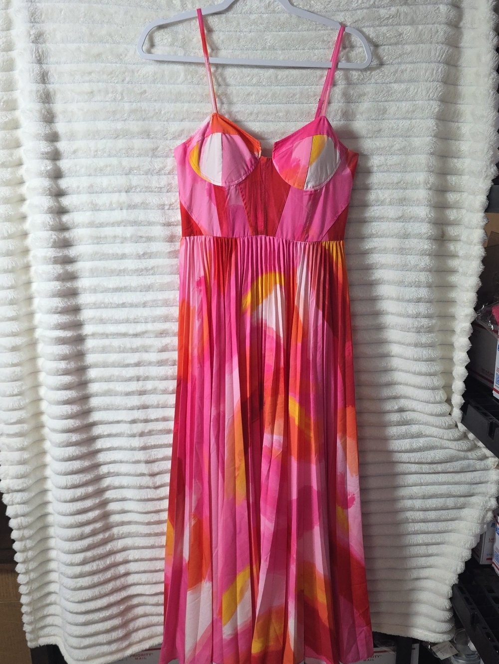 0275 Hutch Pink Orange Yellow Pleated Spaghetti-Strap Slipdress